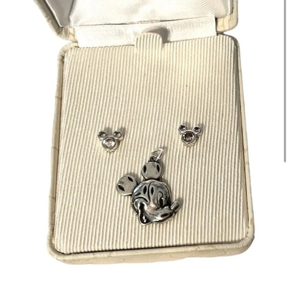 Disney Jewelry - Disney Sterling Silver Vintage Jewelry Pendant Earrings Rhinestone Mickey Mouse